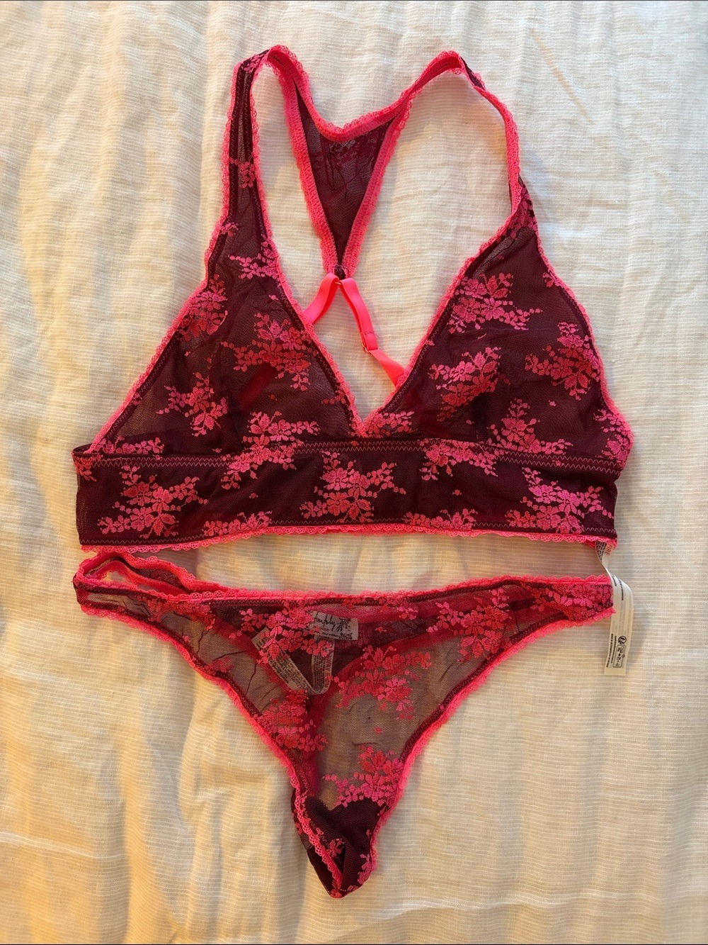 Free People Burgundy and Hot Pink Floral Lace Bikini Set Panties S/ bra M